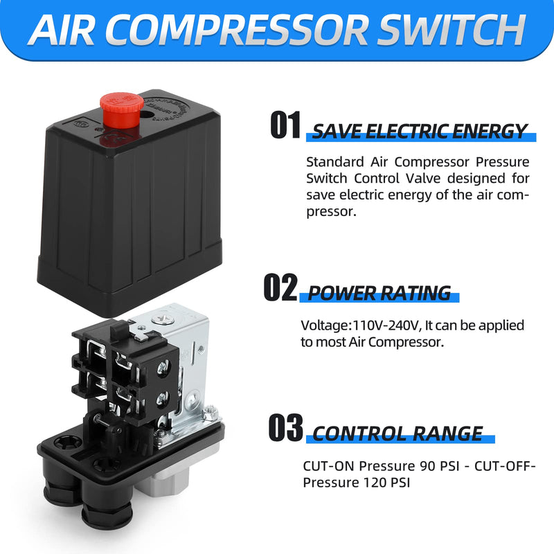 MEANLIN MEASURE Air Compressor Pressure Switch Control Valve 90-120 PSI 110V-240V Replacement Parts With 0-180 Pressure gauge and Manifold Regulator 90-120 PSI With Manifold Regulator