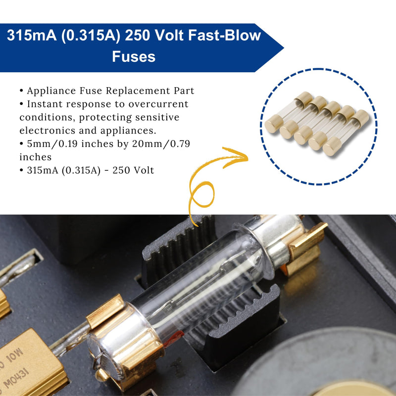 315mA (0.315A) GMA Glass Fuses, 5x20mm (0.20 x 0.79inches), 250V Fast-Blow, Fast Acting Fuses for Electronics, Appliances, and Circuit Protection, 5 Pack 0.315A