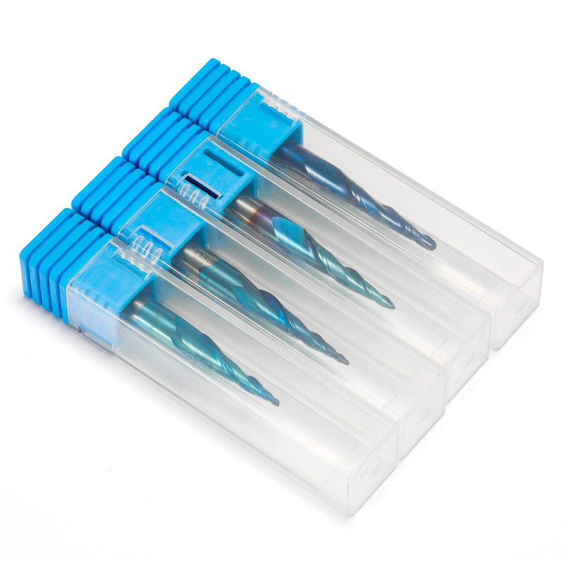 4pcs 2-Flute Tapered Ball Nose Spiral End Mill, Nano Blue Coating Tungsten Carbide CNC Router Bits, 2D and 3D Engraving Carving Woodworking Bits, R0.25-1.0, 1/4'' Shank, TB04B