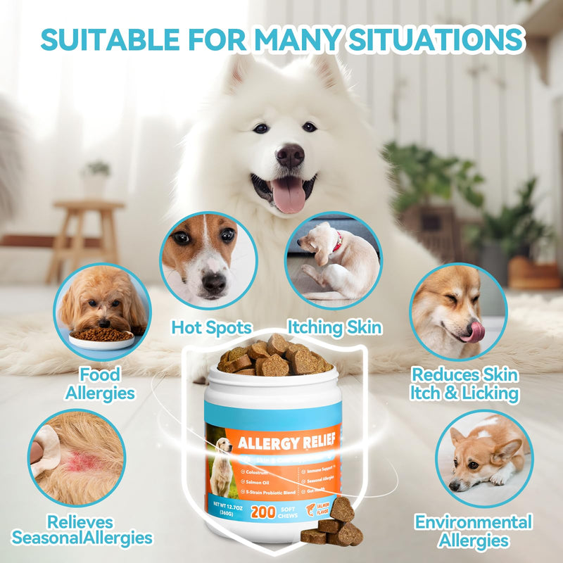 Dog Allergy Chews 200ct, Dogs Allergy Relief Chews for Paw Licking Itchy Skin Coat Supplement, Dog Itching Relief with Probiotics Colostrum for Dry Skin Itching Licking Seasonal Allergies Salmon