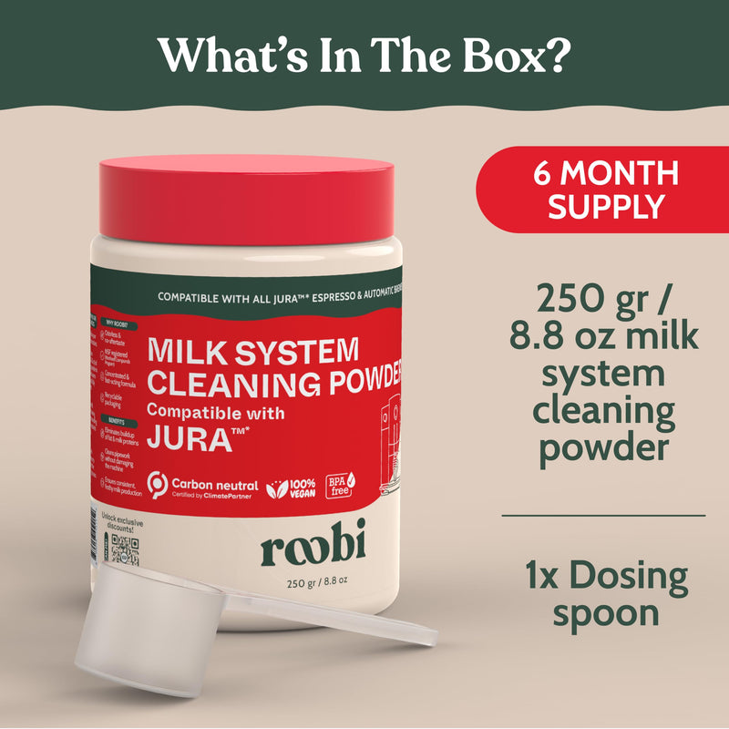 Roobi Compatible Milk System Cleaning Powder for Jura. Specially formulated for Jura Automatic Espresso Coffee Machines. 100% Vegan, Carbon Neutral. Milk Cleaning Powder
