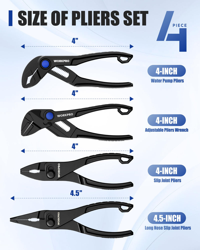 WORKPRO 4-Piece Mini Pliers Set with Pouch, Pocket Pliers Gift for Man | 4-Inch Plier Wrench, Slip Joint Plier, Water Pump Plier, 4.5-Inch Long Nose Slip Joint Plier, Alloy Steel, Anti-Rust Coating Black 4-Pieces Pliers Set