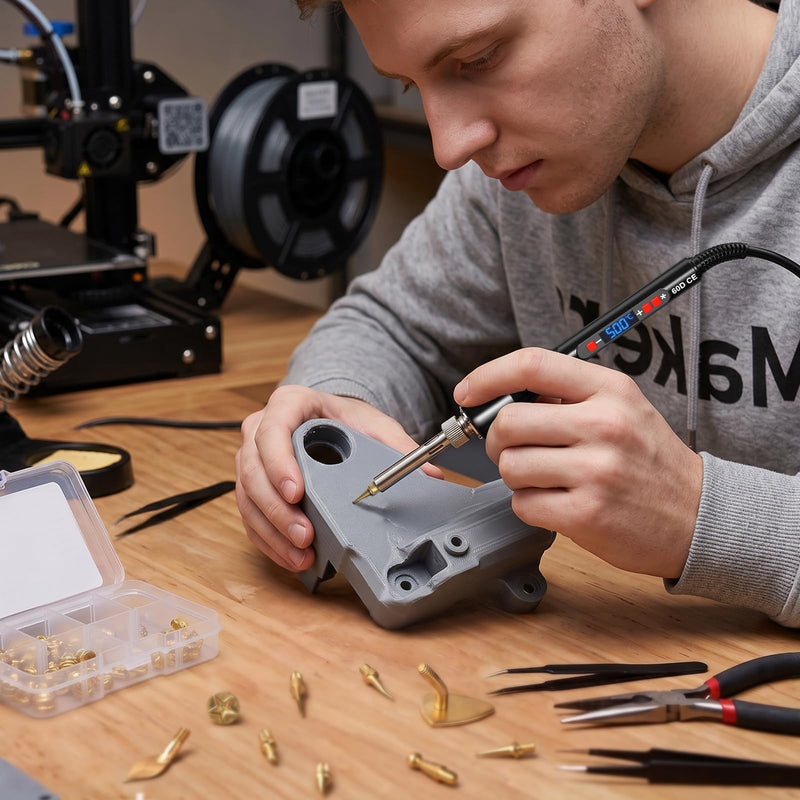 Heat Set Insert Tool, 60w Digital Soldering Iron and 130pcs Brass Inserts, M2 M3 M4 M5 M6 M8 Threaded Knurled Nuts, 9 Repair Tips, Threaded Insert Set for Plastic Parts, 3D Printer
