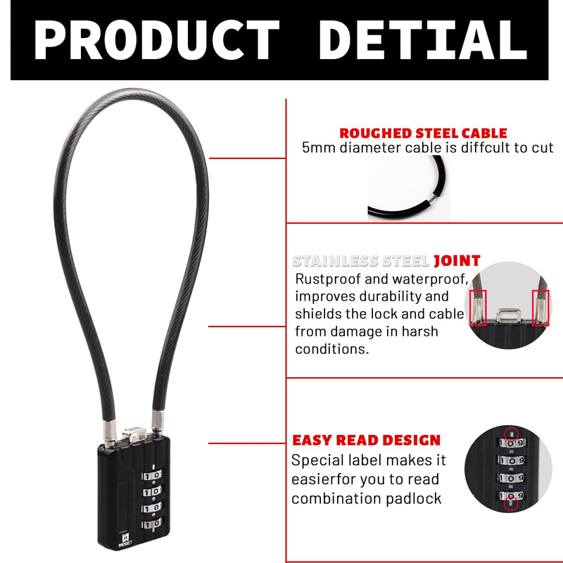 RESET-201 (1 Pack) 4 Digit Combination Padlock with 12 inch (30cm) Steel Cable,Cable Lock for Trash Can, Locker, Gym Locker, Luggage, Suitcase, Gun Case, Trigger,Helmet, 5mm Diameter, Black 1 30cm(12 inch)Cable