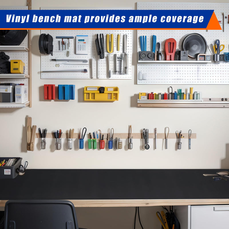 Vesici 1 Roll Work Bench Mat Self Adhesive Resistant PU Floor Runner Easy to Clean Workbench Mat Pad for Garage Workbench or Table Storage Tool Organization, Black(23.5 x 100 Inch) 23.5 x 100 Inch