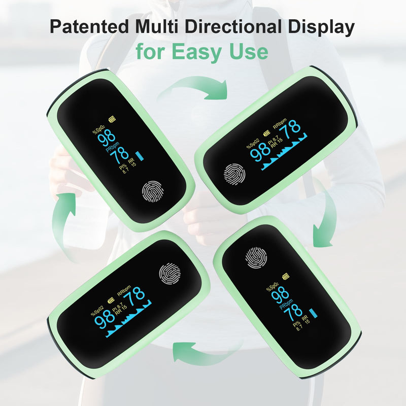 Pulse Oximeter, Rechargeable Fingertip Pulse Oximeter, pulse oximeter with respiration, respiration rate monitor, oximeter finger with pulse ox for Sports Aviation Use Only green