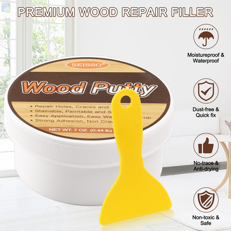 SEISSO Wood Putty, Water-Based Wood Filler, White Wood Putty for Trim, Wood Filler Paintable, Stainable, Wood Furniture Repair kit - Restore Wooden Table, Cabinet, Floors, Door 7 OZ