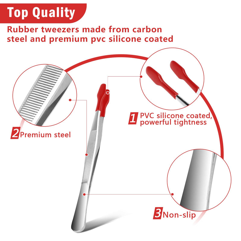 3 Pcs Tip Tweezers with Rubber, Anglekai Non-Marring Silicone Tipped Tweezers Rubber Bent Tip Flat Tweezers, Tweezers for Jewelry Coin Stamp Rubber Tweezers (Red) Red