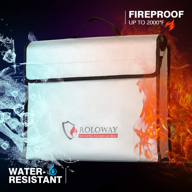 ROLOWAY Fireproof Document & Money Bags, Large Fireproof & Water Resistant Bag (15 x 12 x 5 inches), Fireproof Folder Safe Bag for Cash, Valuables & Passport, with Silicone Coating & Zipper Closure Large + Small Silver without Reflective Strip