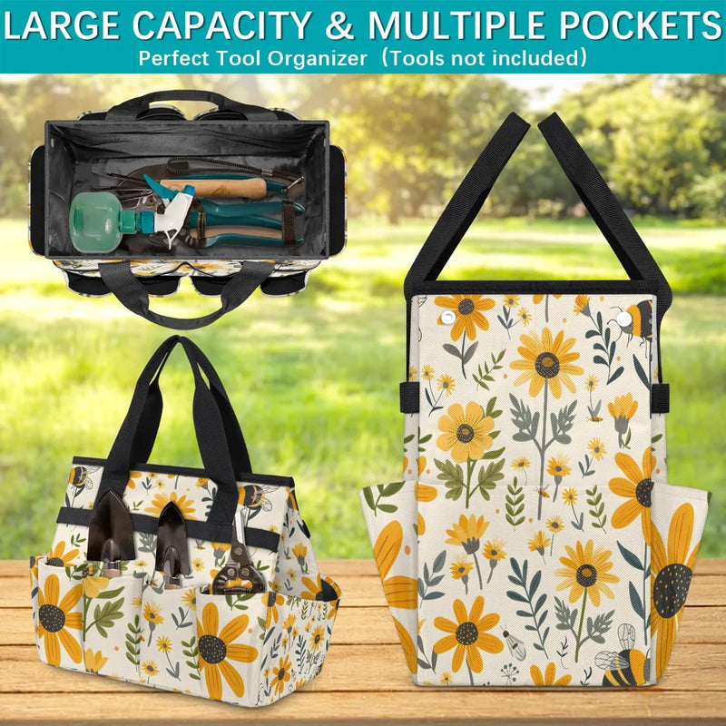 Bee Flower Garden Tool Bag for Women Waterproof & Reusable Heavy Duty Gardening Tote Storage Organizer Toiletry Bag with 10 Pockets for Garden Lawn Yard Casual Camp Bee Flower