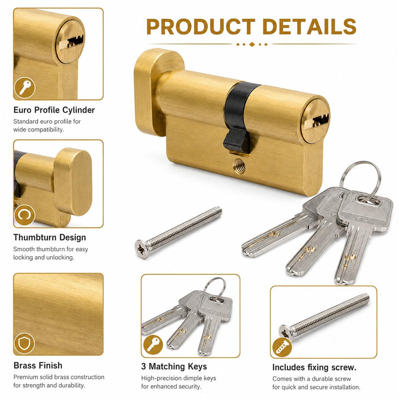 65mm Euro Profile Lock Cylinder with 3 Keys, 27.5/10/27.5 Single Open Brass Door Lock Cylinder, Anti-Rust Corrosion Resistant Anti-Theft Replacement Cylinder for Wood, Metal, Satin Brass