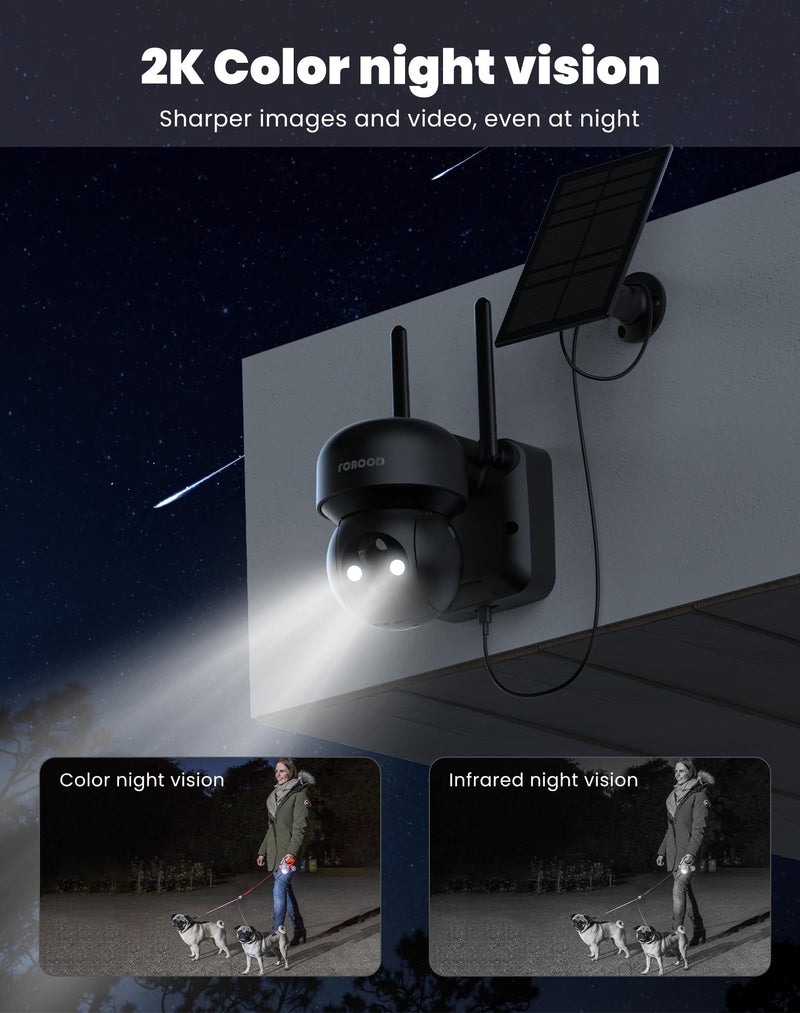 Solar Security Cameras Wireless Outdoor - Battery Power Cameras for Home Security Wifi Cameras Outside Surveillance Camera PTZ 360° Camera System with Floodlight Color Night Vision Motion Sensor Alarm 1Pcs-Black
