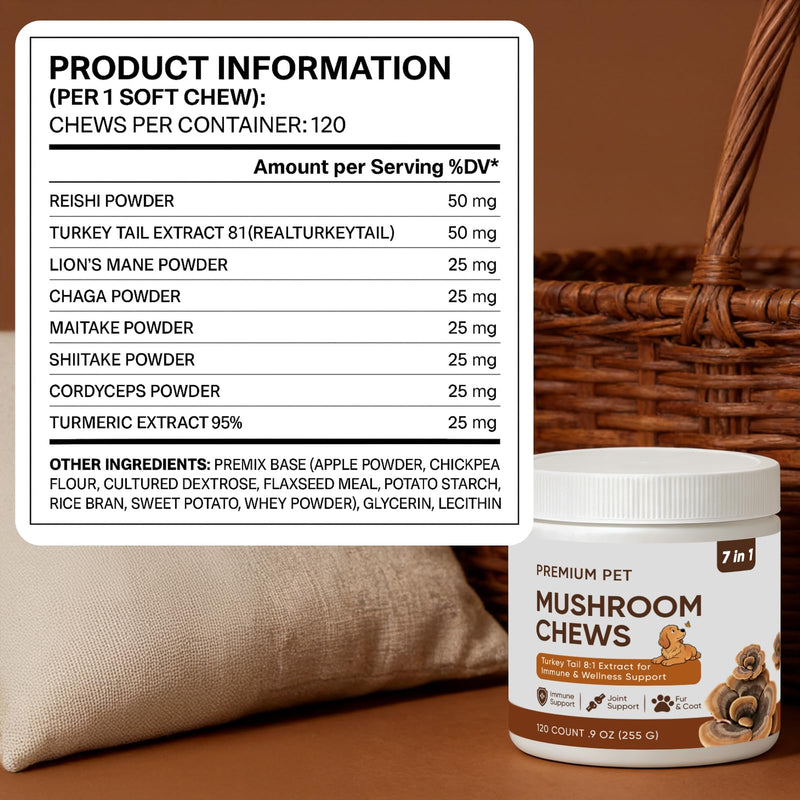 Turkey Tail Mushroom for Dogs - Mushroom Chews for Dog - Reishi, Lion’s Mane, Chaga - Immunity, Gut, Skin, Joint Support - All Breeds & Sizes - 120 Chews 1