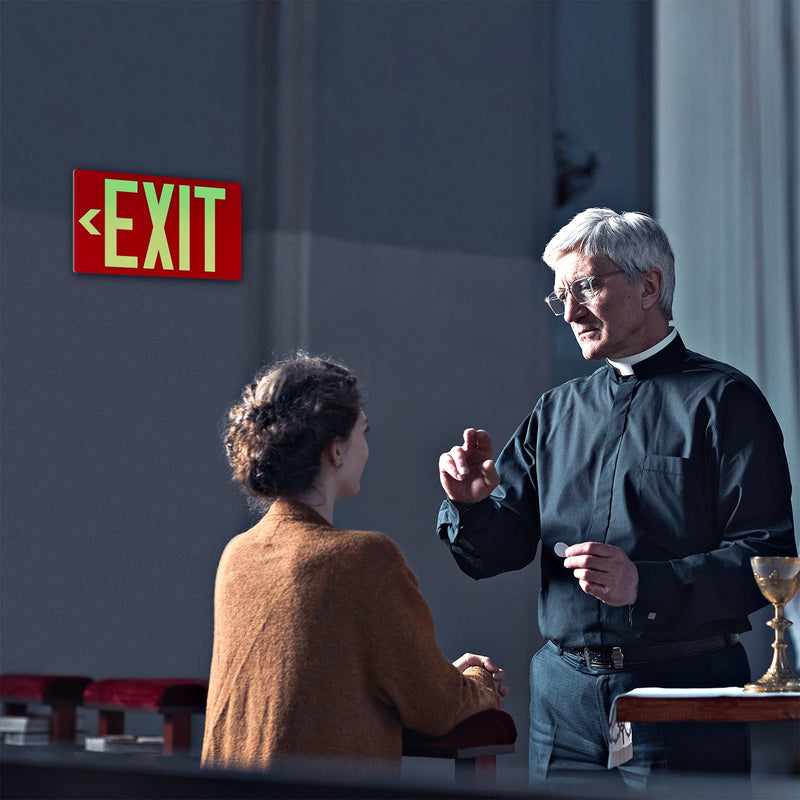 Photoluminescent Exit Sign Aluminum - Adhesive Backing Glow In The Dark - Removable Arrows Included - 12x7 Inches - Non Electrical Red Exit Light For 50 Feet Visibility (1 Pack) 1 Pack