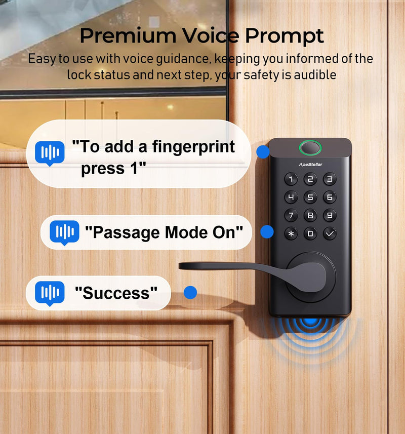 Fingerprint Keyless Entry Door Lock, Biometric Door Knob with Handle, Keypad Digital Code Lock for Front Door, Superior Durability & Voice Guidance, Matte Black