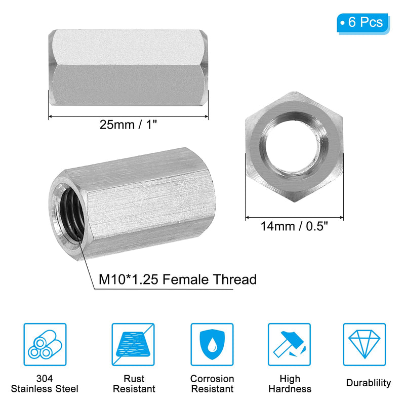 PATIKIL M10 x 1.25-Pitch 304 Stainless Steel Hex Coupling Nuts, 6Pcs 25mm/ 1" Length Fully Threaded Rod Coupling Nut Studding Connector Fasteners, Silver Tone M10-1.25 x 25mm