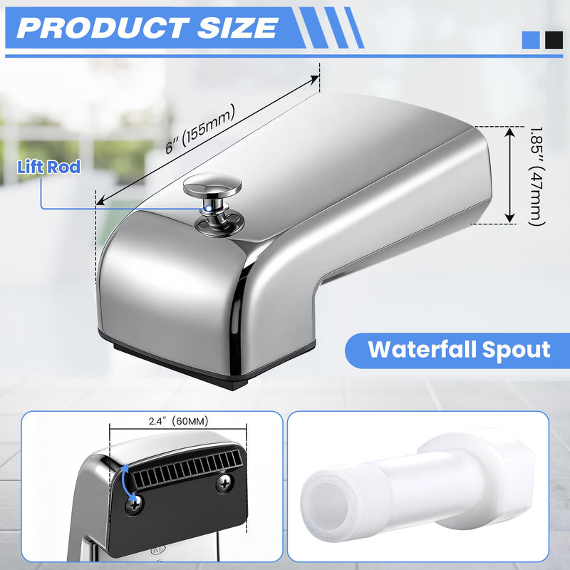 Dreyoo Tub Spout (Universal Fits 1/2" Copper Pipe, 1/2" IPS and 3/4" IPS), Bathroom Bathtub Faucet with Adapters and Hex Wrench(Chrome,Waterfall Spout) Chrome Waterfall Spout