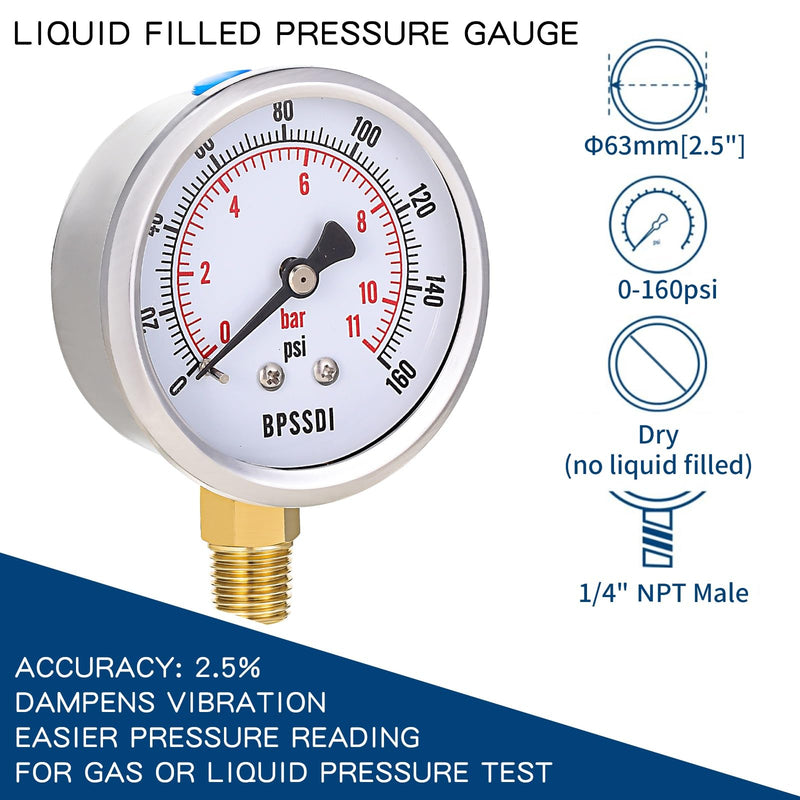 0-160 Psi Pressure Gauge, 2.5" Dial Size, 1/4" NPT Lower Mount, 304 Stainless Steel Case, Water Pressure Gauge Test for Water Pump, Pneumatic Air, RV Hose, Tank, Well Pump(with Tape) 0-160psi（includes tape）