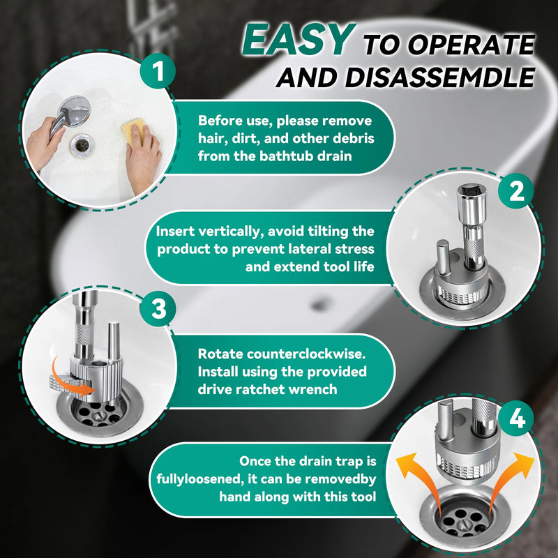 97258 3/8“ Tub Drain Removal Tool, Equipped With a 3/8" Ratchet Wrench, for Bathtub, Drains, Household Sewers, Bathroom Sink Drains, Kitchen Sink Drains, etc Plumbing Repairs ﻿
