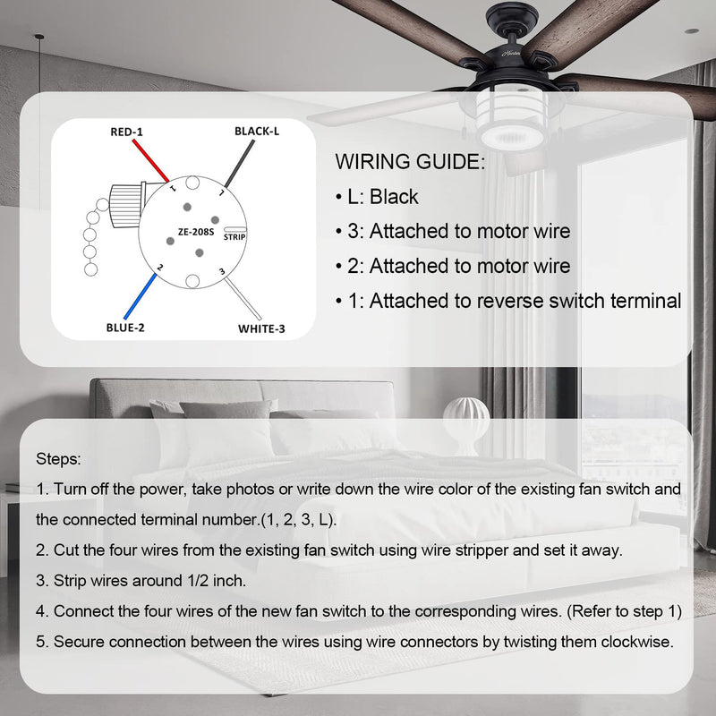 with 4 Pre-Installed Wires Ceiling Fan Switch 3 Speed 4 Wire, ZE-208s Zing Ear E89885 Fan Pull Chain Switch, Brass Chain