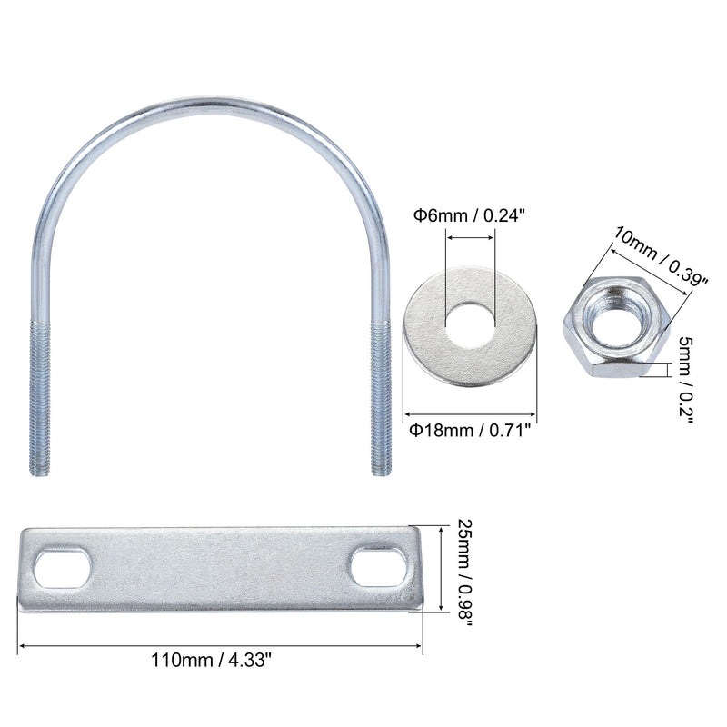 uxcell Round U-Bolts 2 Sets 3.5"(89mm) Inner Width 110mm Length Steel M6 with Nut, Plate, Washer M6x95mmx110mm