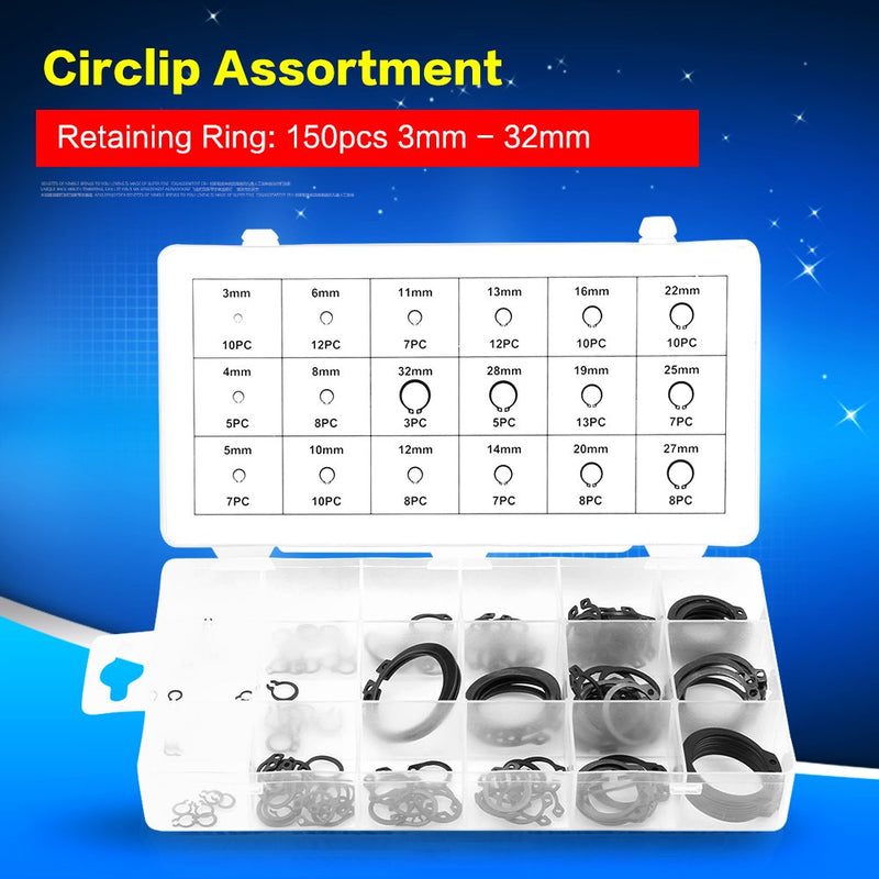 150pcs Black C Clips Snap Ring Shop Assortment Internal External Lock Snap Retaining Ring Metal Circlip for Industrial Fasteners 18 Sizes with Box Size 3mm - 32mm