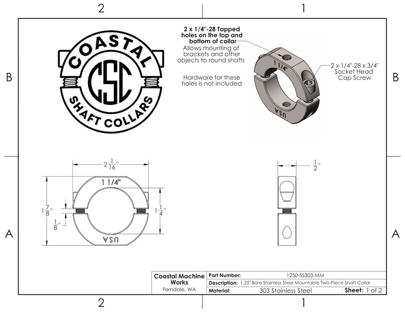 – 1.25" Bore Diameter – Mountable Clamping Two Piece Shaft Collar - 303 Stainless Steel (1 Pack)