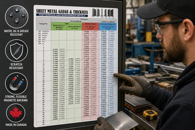 6"x9" Sheet Metal Gauge & Thickness Magnet - Steel, Stainless, Aluminum | Built for fabrication, welding, machine shops and HVAC work. Water, oil & grease resistant. Made in Canada. 9"L x 6"W