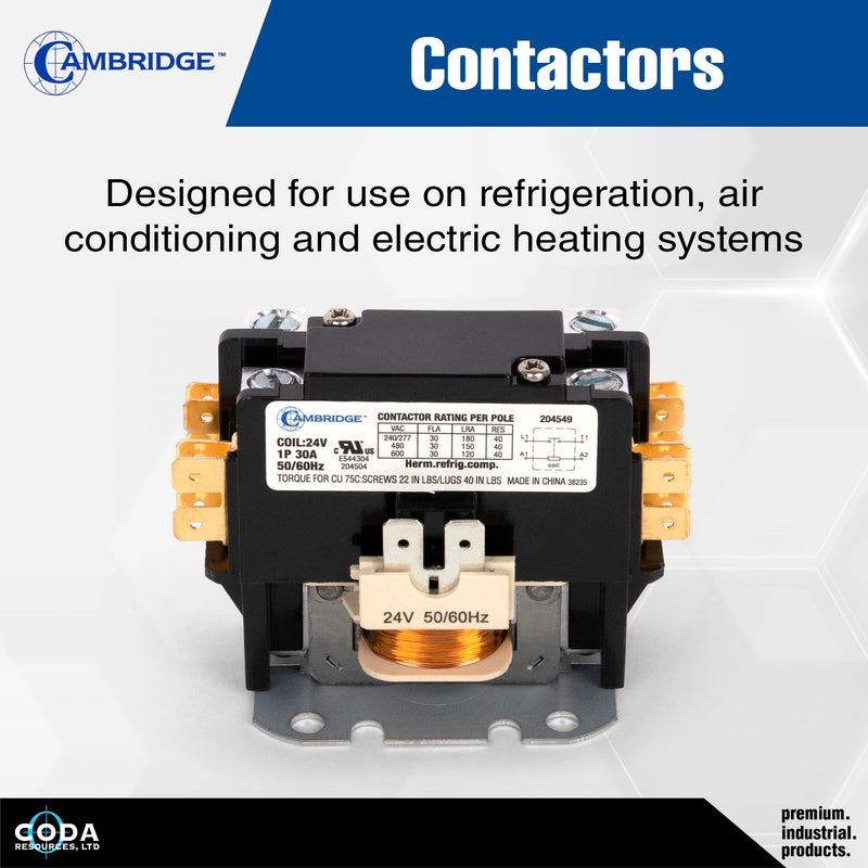 Cambridge 1-Pole 40A 24V AC Coil Definite Purpose Contactor for Air Conditioner Condenser Compressor