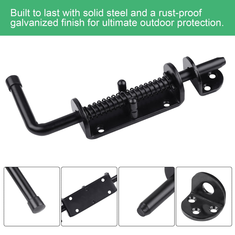 2-Pack 8.5-Inch Spring Loaded Latch Pin, Heavy Duty Barrel Bolt for Shed Doors, Wood & Metal Gates, Solid Steel Security Lock, Black