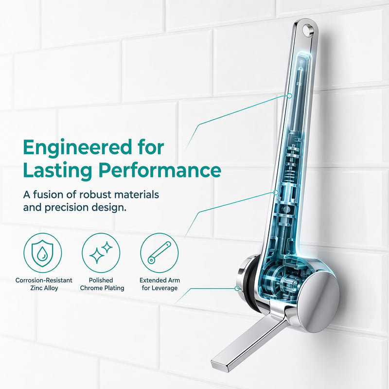Side Mount Toilet Flush Handle, Chrome Zinc Alloy Lever, Long Arm Ergonomic | LEAK-PROOF GASKET — high-elasticity rubber gasket seals tank wall tight; prevents leaks without over-tightening the nut.