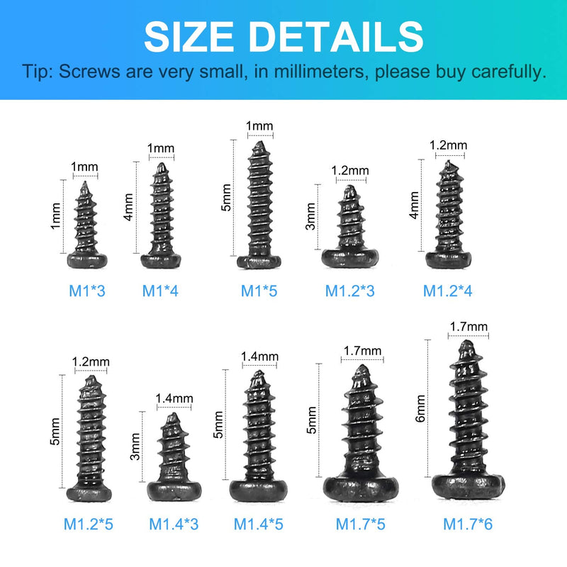 10 Kinds Small Multi-Purpose M1 M1.2 M1.4 M1.7 Phillips Head Micro Screws Self-Tapping Electronic Screws Assortment Kit Pack of 1000 Black