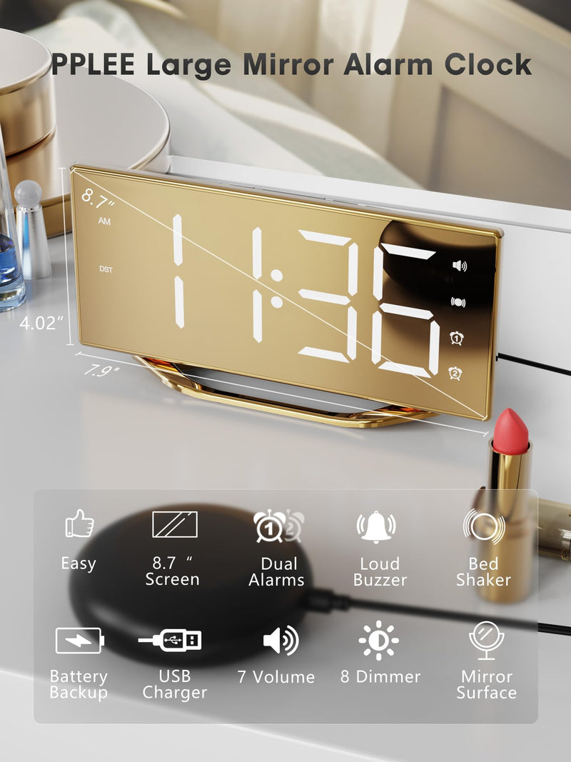 Loud Alarm Clock for Heavy Sleeper, 2 Alarms Big Display Clock with Bed Shaker for Hard of Hearing Deaf,Plug in Bedroom Mirror Clock,Phone Charger,Dimmer,Simple Digital Clock for Senior Adult Teen Kid Gold Surface(with Bed Shaker)