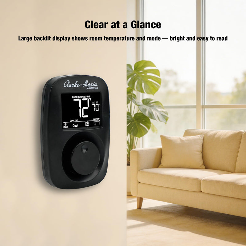 9420A382 Digital Wall Thermostat - 12V Heating & Cooling, Fan Speed & System Control, Easy-Connect Terminals, Black