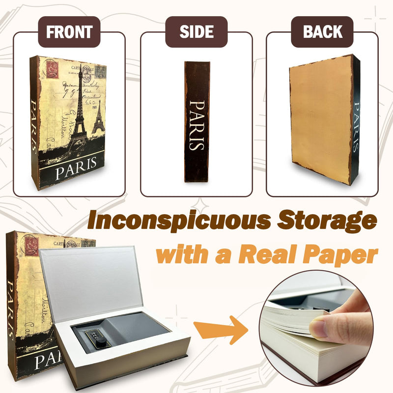 Genuine Paper Transfer Book Safe: Secret Hidden Safe, Combination Lock Included - Metal Safe Box and Protect Your Valuables Inside an Authentic Paper Book, 8.7"×6"×1.8" (Paris) Paris