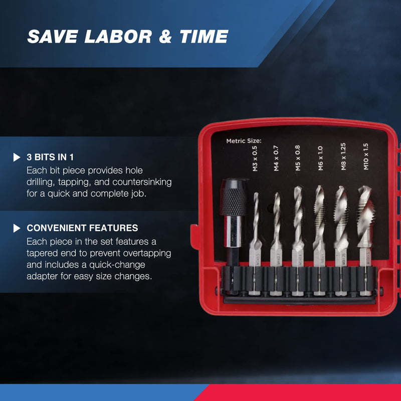 NEIKO 10059A Combination Drill and Tap Bit Set with Quick Change Adapter, 13 Piece, SAE (6-32NC to 1/4-20NC) and Metric Drill Bit Set (M3 to M10), Metric Tap Set Combo Drill Tap