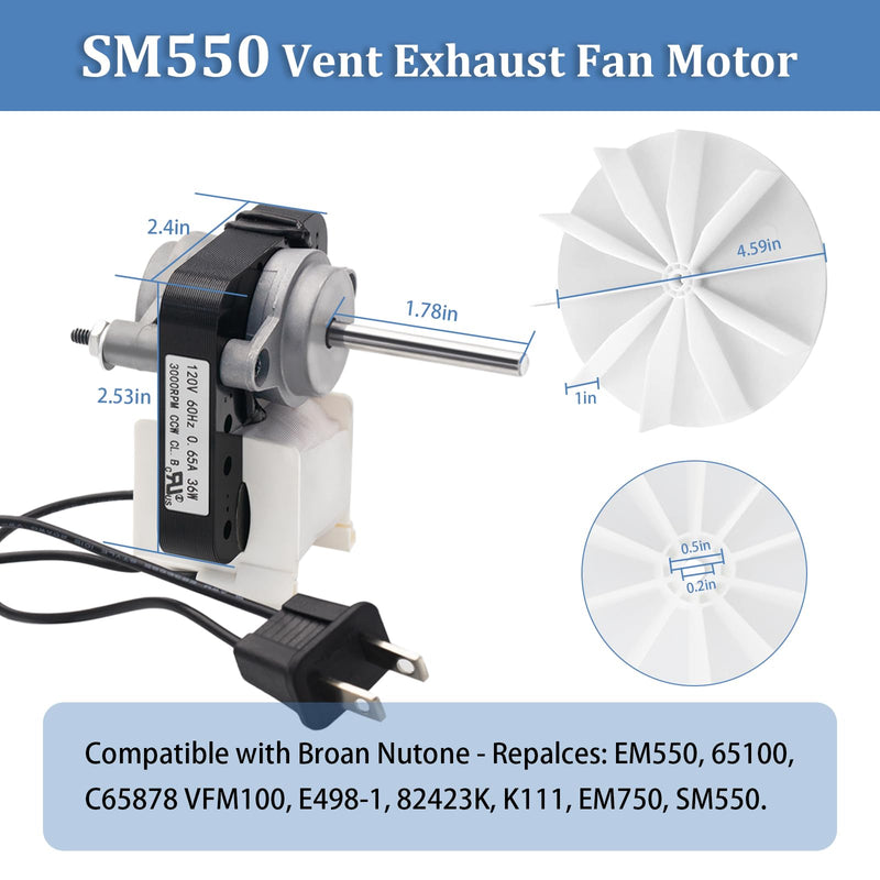 Universal Bathroom Vent Exhaust Fan Motor Replacement Electric Motors Kit SM550 for NutoneBroan 50CFM, 120V Replace C01575 65100 EM550 EM750