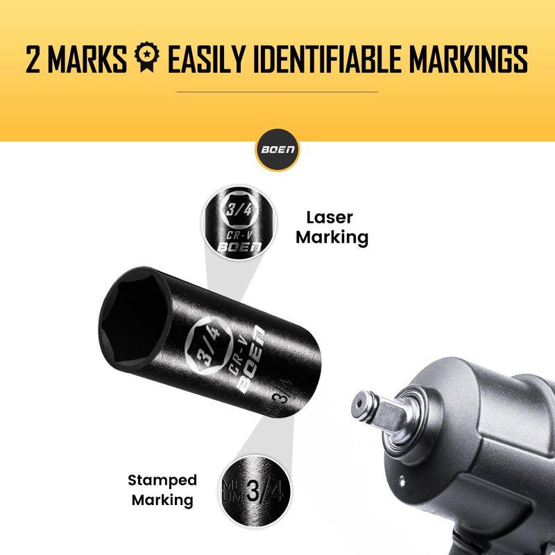 BOEN 1/2" Drive Deep Impact Sockets, Premium Impact Socket, 3/4 Inch Socket, SAE, 6 Point, Cr-V Steel with Laser Marking - Strong and Durable