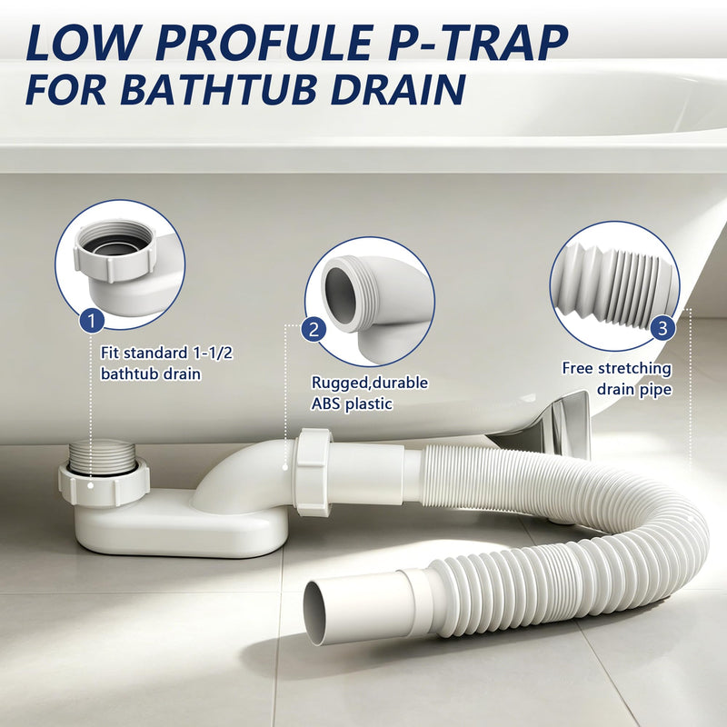 Xendywasher Low Profile P Trap for Freestanding Tub Drain, 1-1/2 Inch Flexible Bathtub Drain Pipe Kit, Expandable & Bendable Waste Pipe for Tight Spaces, RV Shower and Tub Drain Assembly Replacement Polypropylene White