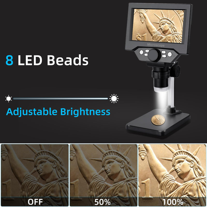 Koolertron 5.5 inch LCD Digital Microscope, 8MP 1-1000X Magnification, 8 LED Lights, Rechargeable Battery, Video Recording for Circuit Board Repair, PCB Inspection, Coin, and More
