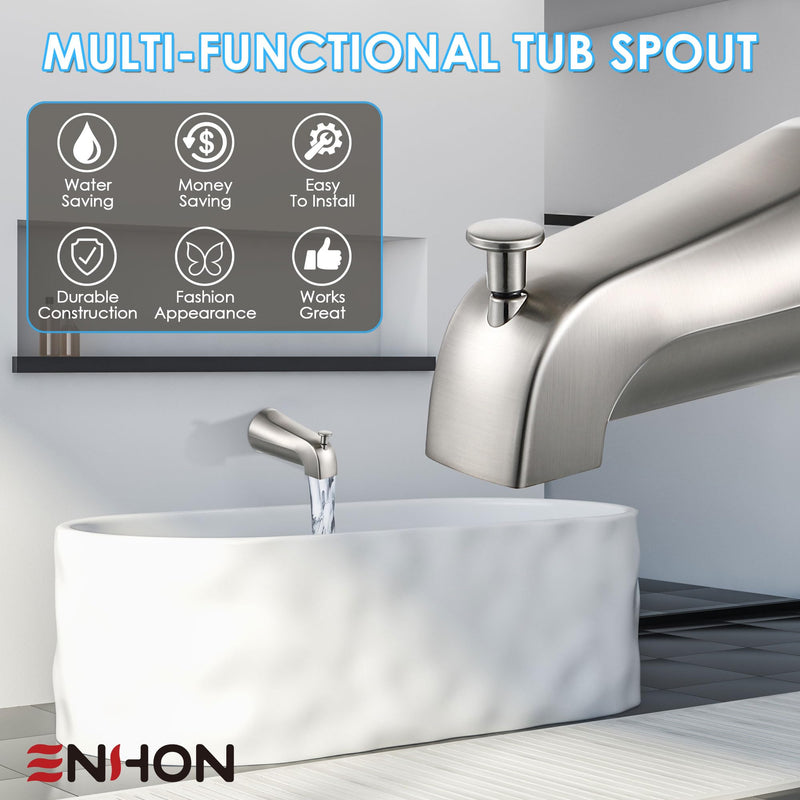 Enhon Tub Spout with Diverter, Slip-Fit Bathtub Faucet Spout Replacement, 1/2 Copper Pipe Connection, Easy to Install, Universal for Bathroom Shower(Brushed Nickel Color,1 Pack) Brushed Nickel Color