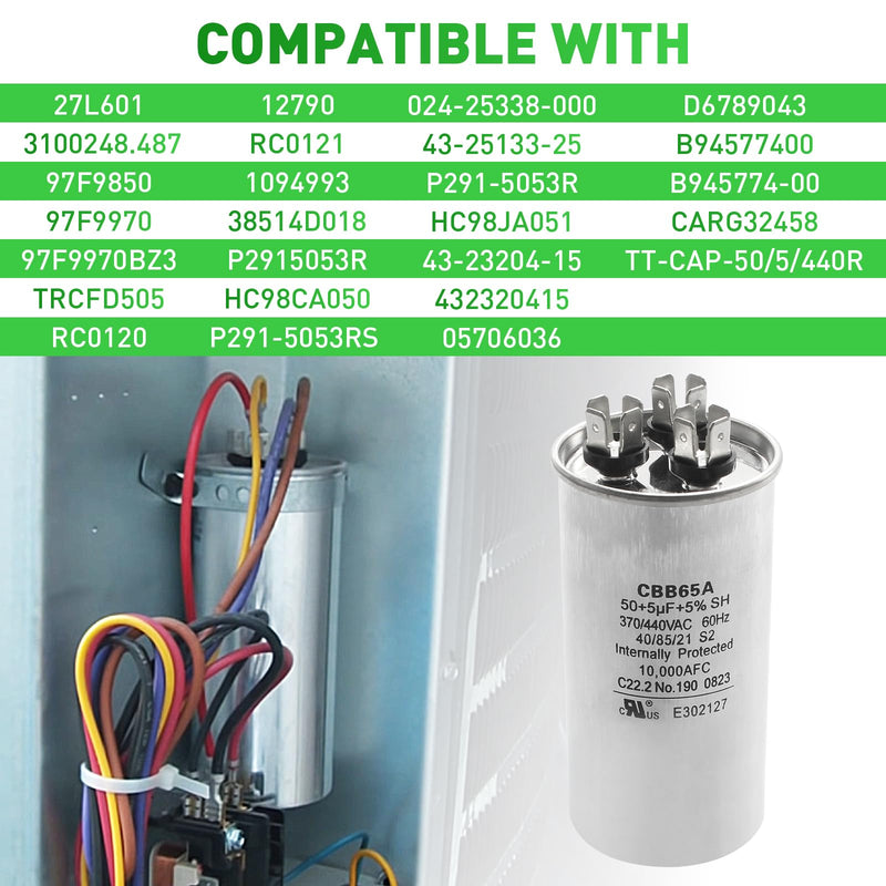 3313107.018 50+5uf+5%, 370/440VAC, 60Hz, 10,000AFC CBB65A Dual Run Circular Start 3100248.487 Capacitor for United States Standard AC Motors, Replace 27L601 and 3100248.487