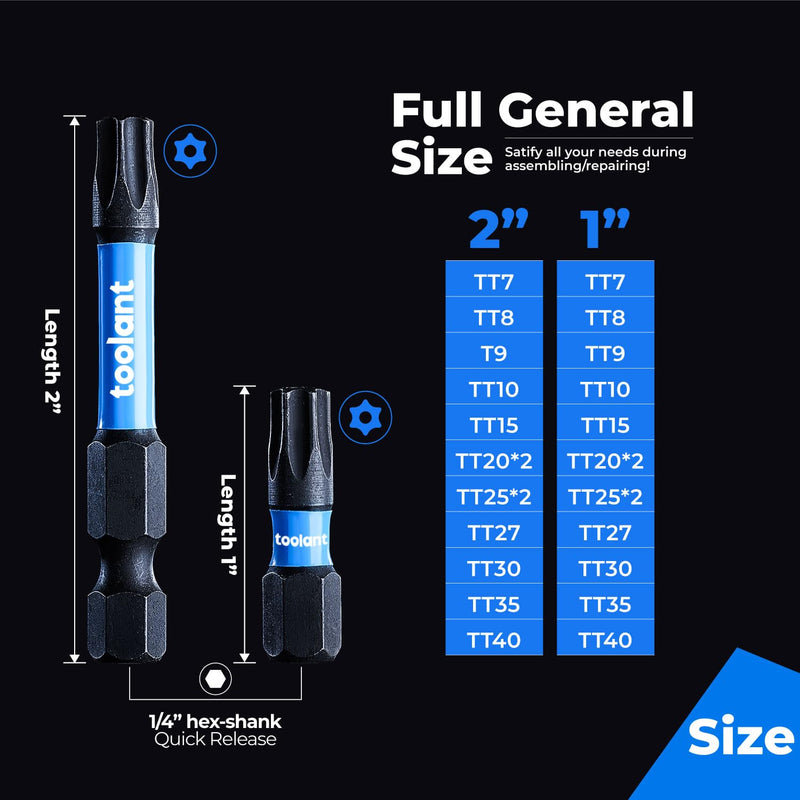 toolant Impact Torx Bit Set 27pcs (TT7-TT40), S2 Steel Security Torx Bit Set, Tamper Proof Star Bit Set with CNC Machined Tips, 1"&2" Long Impact Bits with Magnetic Bit Holder and Storage Box 26+1PCS