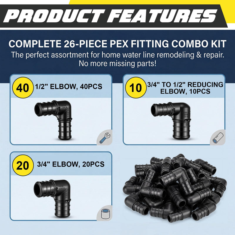 Colingmill 70Pcs 3/4 to 1/2 Inch Pex-B Coupling Crimp Pipe Tube Fitting Kit