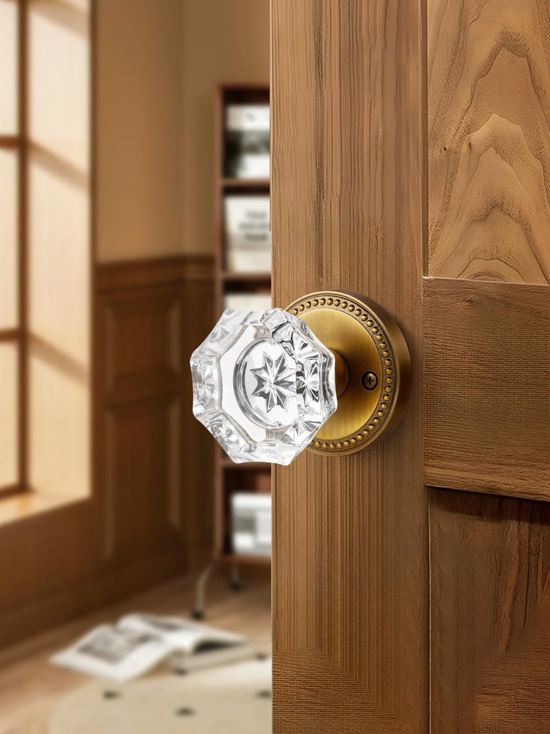 Antique Brass Door Knobs Crystal Door Knob Interior Privacy Door Knob for Bedroom and Bathroom Glass Door Knob,Zinc Alloy 1 Pack Antique Brass-Privacy