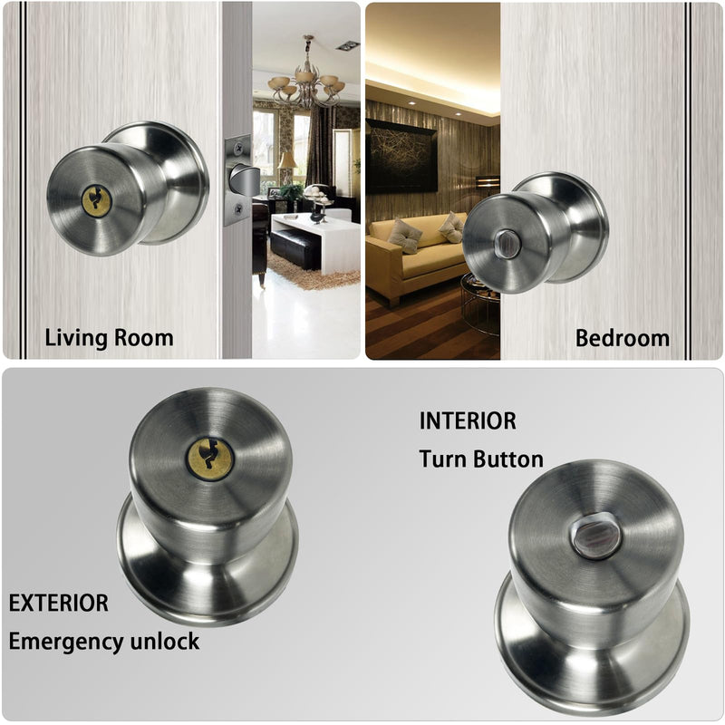 Satin Nickel Door Knob with Lock and Key Round Ball Lock Interior/Exterior Door Knob for Bedroom Or Bathroom (1 Pack) 1 Piece Keyed Entry Stainless Satin ET1
