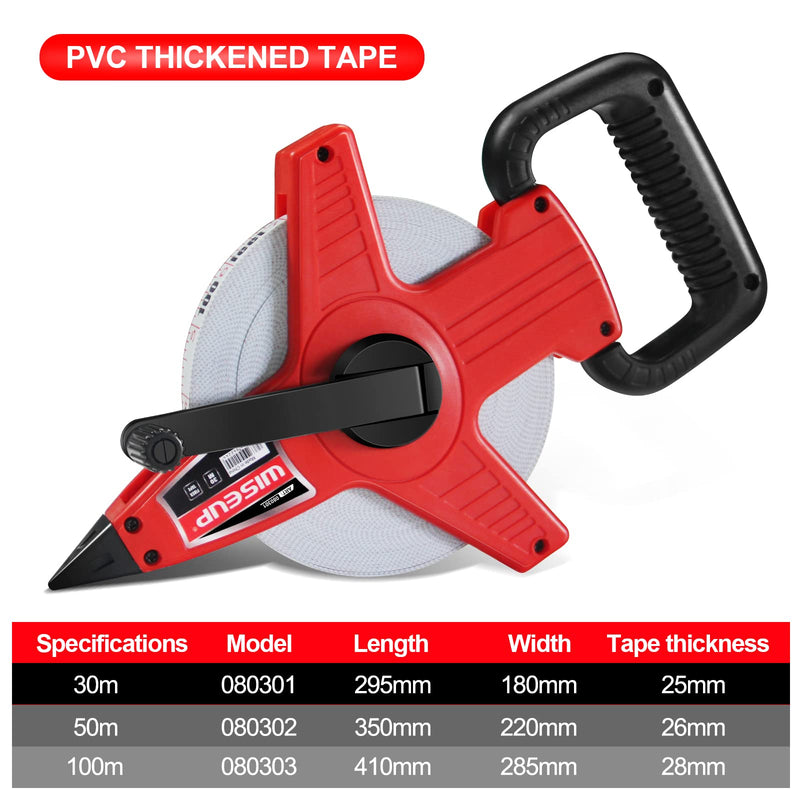 WISEUP 100 Ft Tape Measure Standard and Metric Industrial Long Measuring Tape Fiberglass Engineer's Open Reel Dual Sided Measuring Wheel (100 FT)