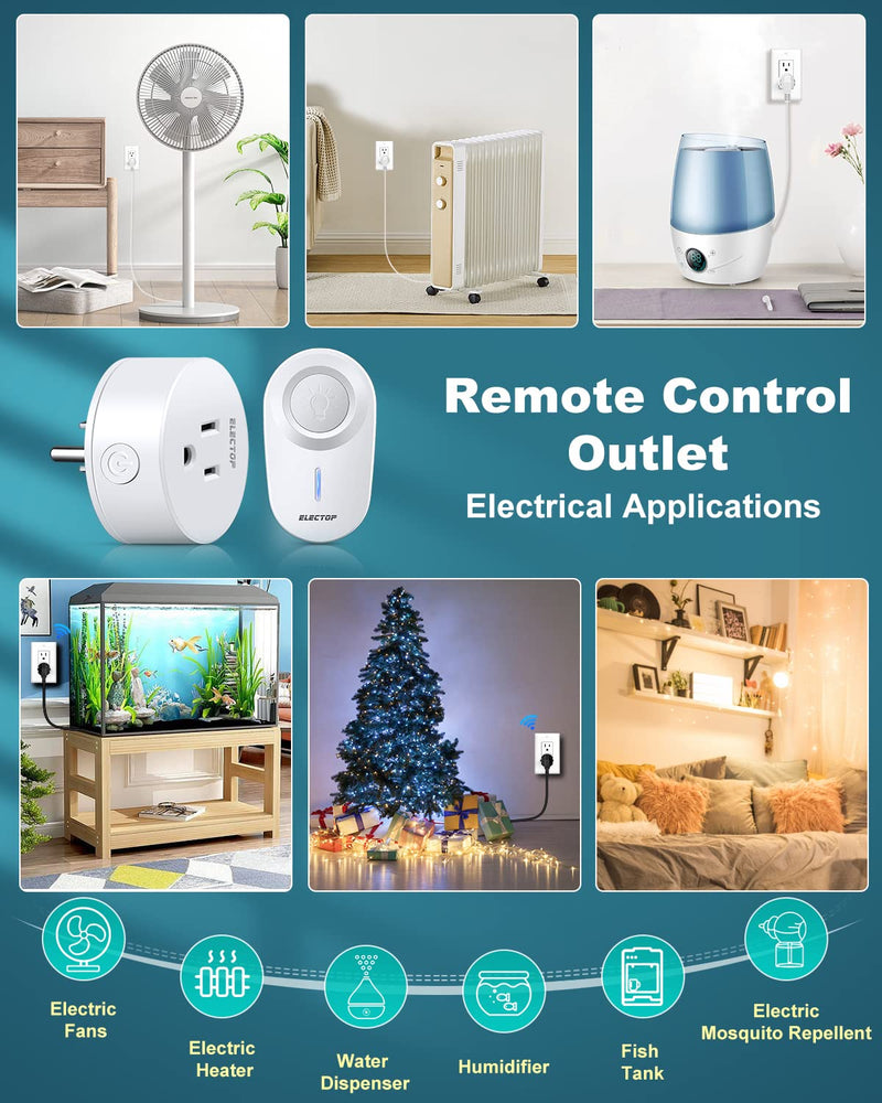 Remote Control Outlet, ELECTOP 15A/1500W Wireless Outlet Power Switch, No Wire Long Range Electrical Switch Plug On/Off for Lights, Fans, Christmas Lights, Household Appliance, 4000V Anti Surge Switch & Outlet White