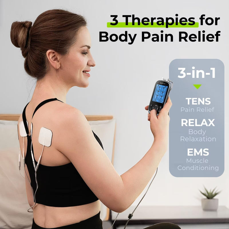AUVON 3-in-1 TENS Unit Muscle Stimulator, EMS Massage Machine with 40 Intensities for Gradual Shoulder, Sciatica, Back Pain Relief, 24 Modes Rechargeable Electronic Pulse Massager with 12 TENS Pads A Dark Grey