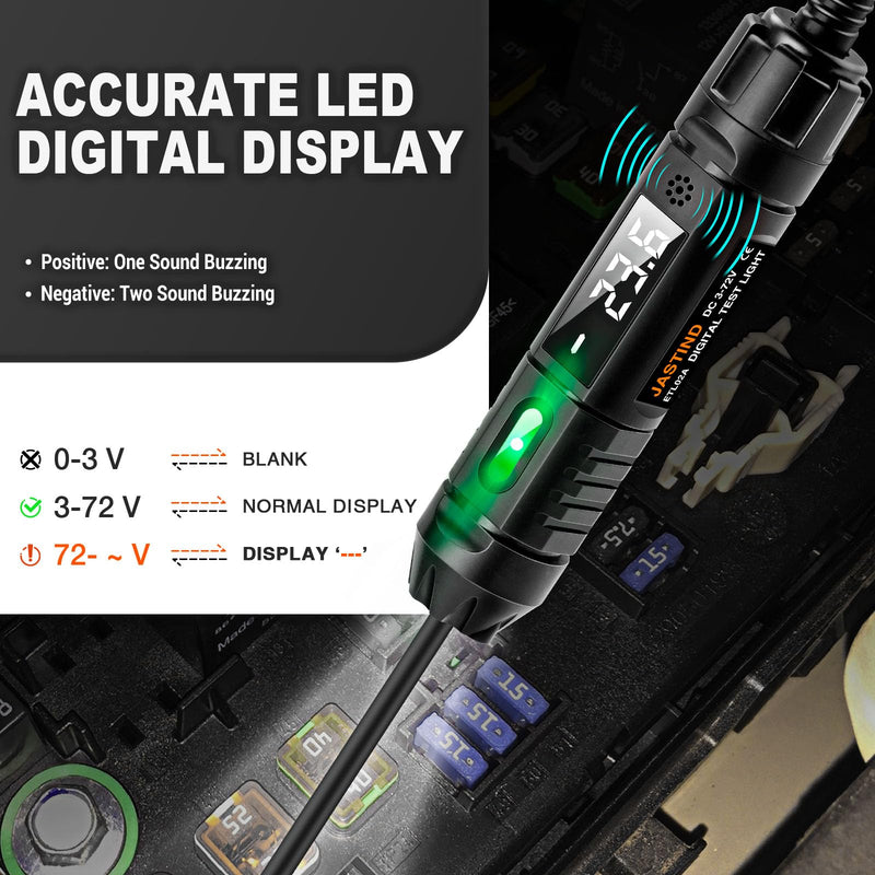 Heavy Duty 3-72V Digital LED Automotive Test Light, Circuit Tester with Polarity Indicate and Illuminating Lights, Car Truck Low DC Voltage Light Tester with Stainless Probe & 142 Inch Extended Wire